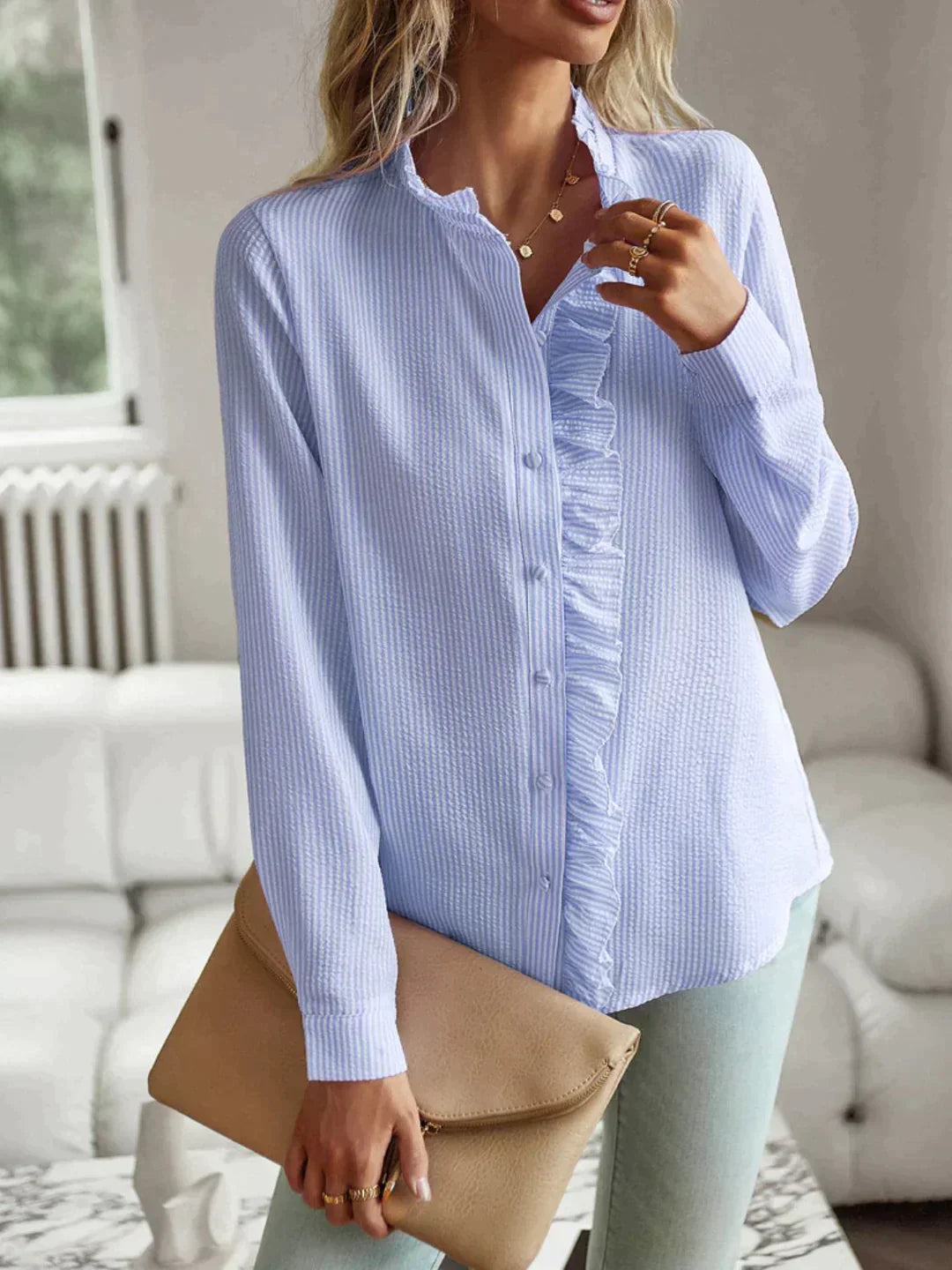 Celeste™ – Chemise Femme Chic Imprimée en Teinte Bleue Douce et Élégante