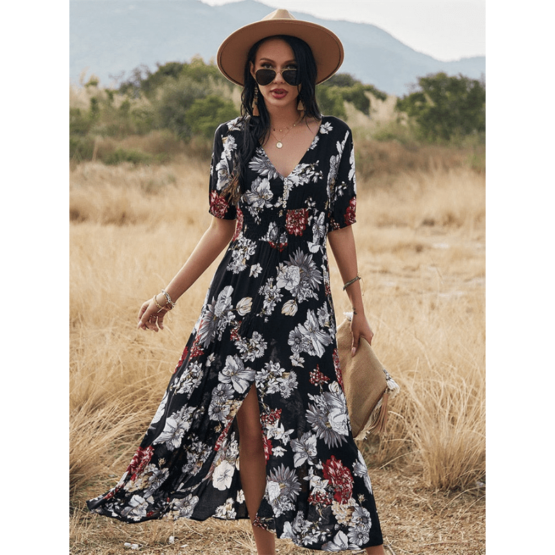 Robe Été Légère à Fleurs Col V pour Femme