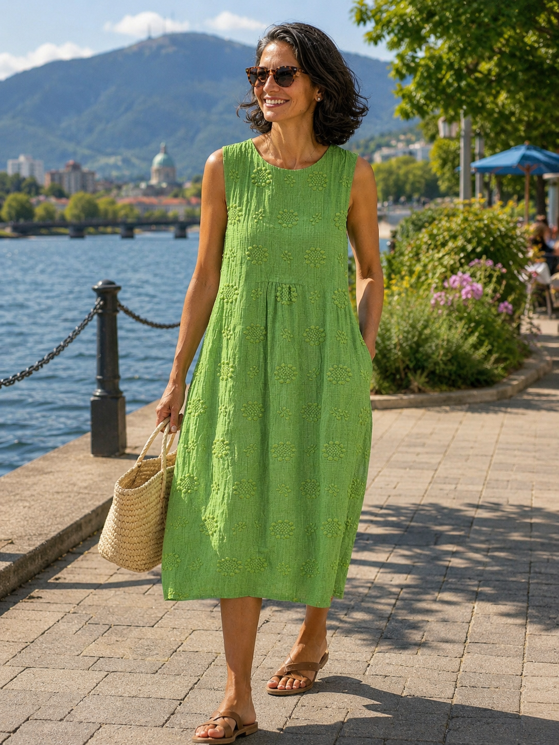 Robe midi Femme Broderie Sans Manches Coupe Fluide