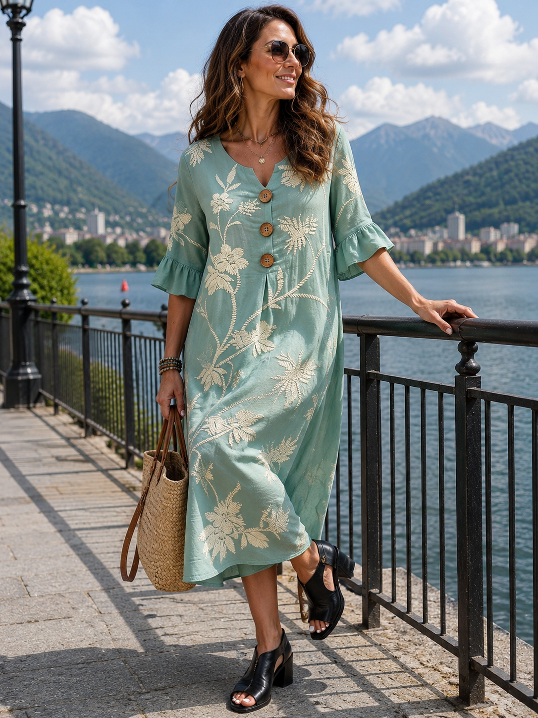 Robe Femme Coton Imprimé Floral Boutons Frontaux