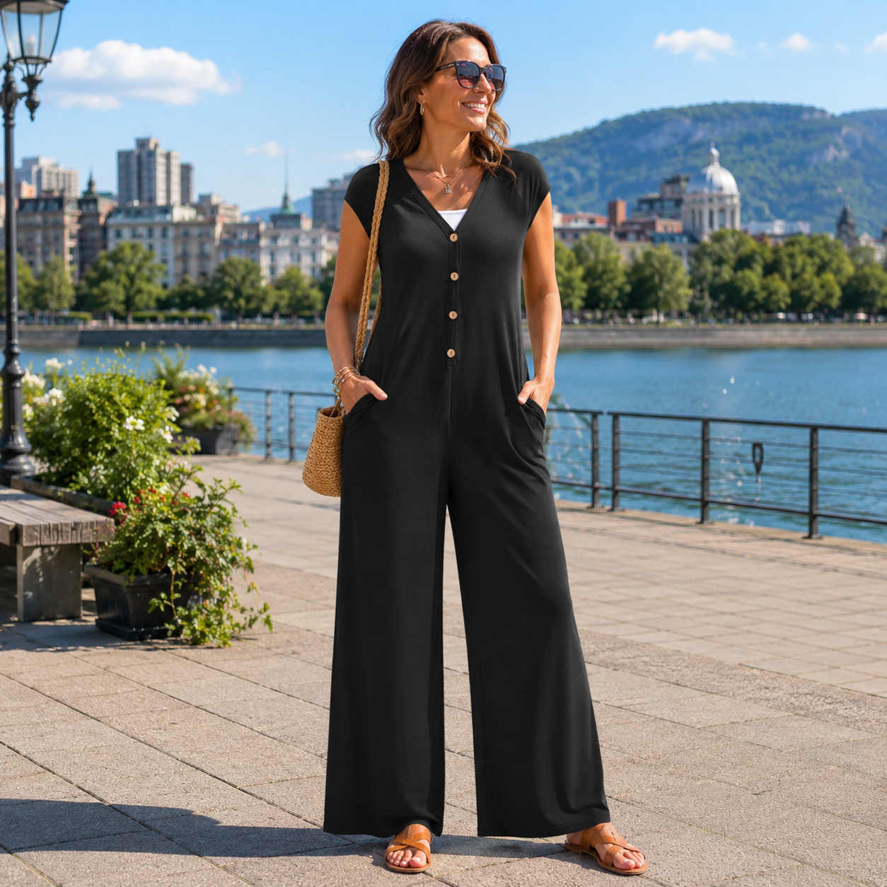 Combinaison Femme Col en V Boutons Jambes Larges