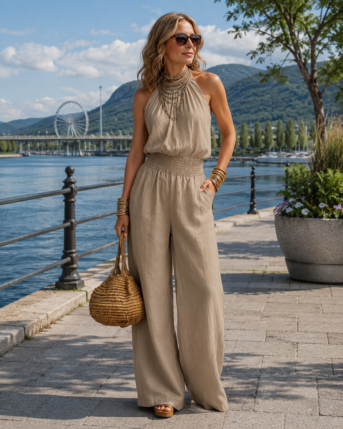 Combinaison Femme Fluide Taille Élastique Jambes Larges Halter