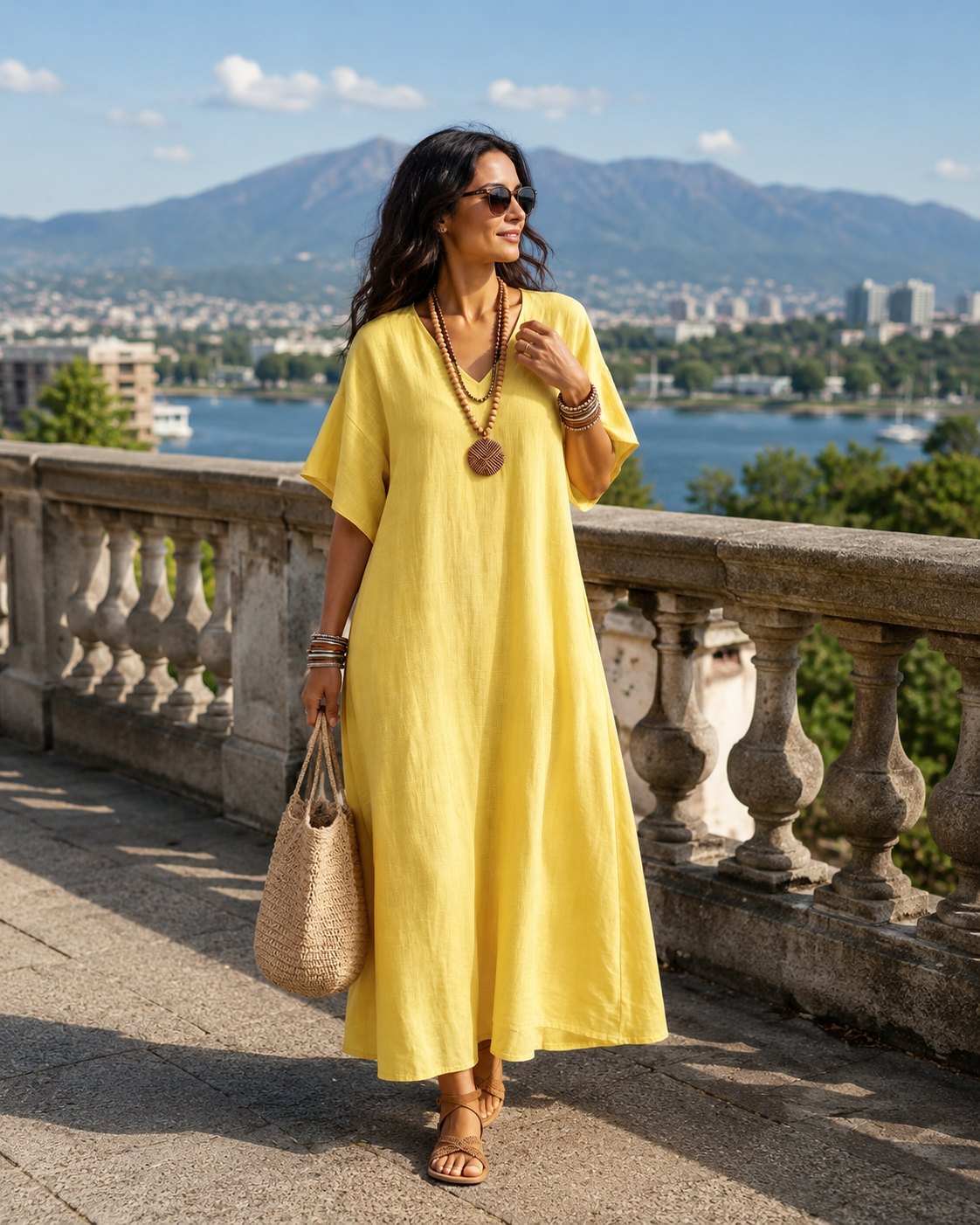Robe longue Femme Coton Lin Col en V Coupe Ample