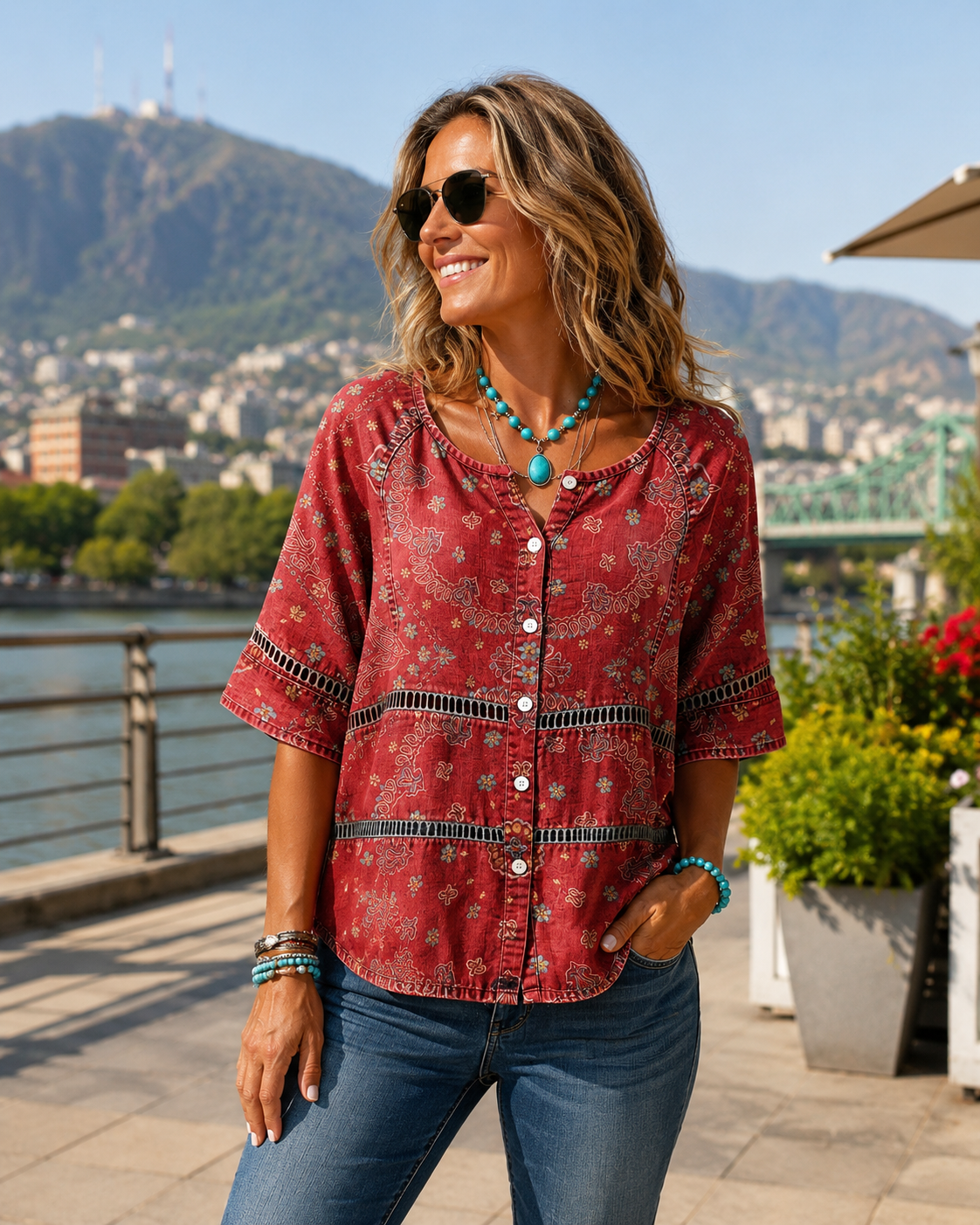 Blouse Femme Coton Imprimé Ethnique Col V Boutons - PanierRoyale