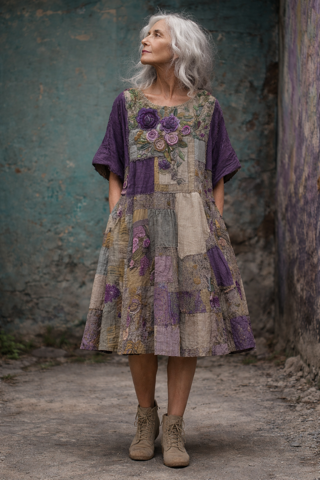 Robe Femme Patchwork Coton Coupe Ample Style Artistique