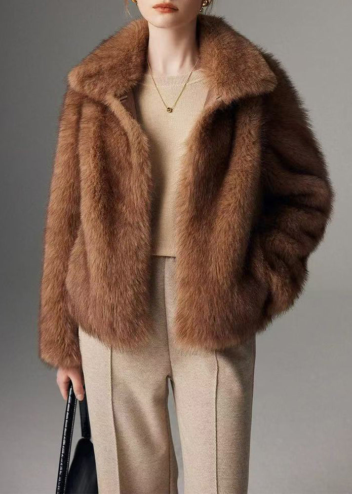Veste hiver élégante marron col montant en imitation fourrure - EasyApparels
