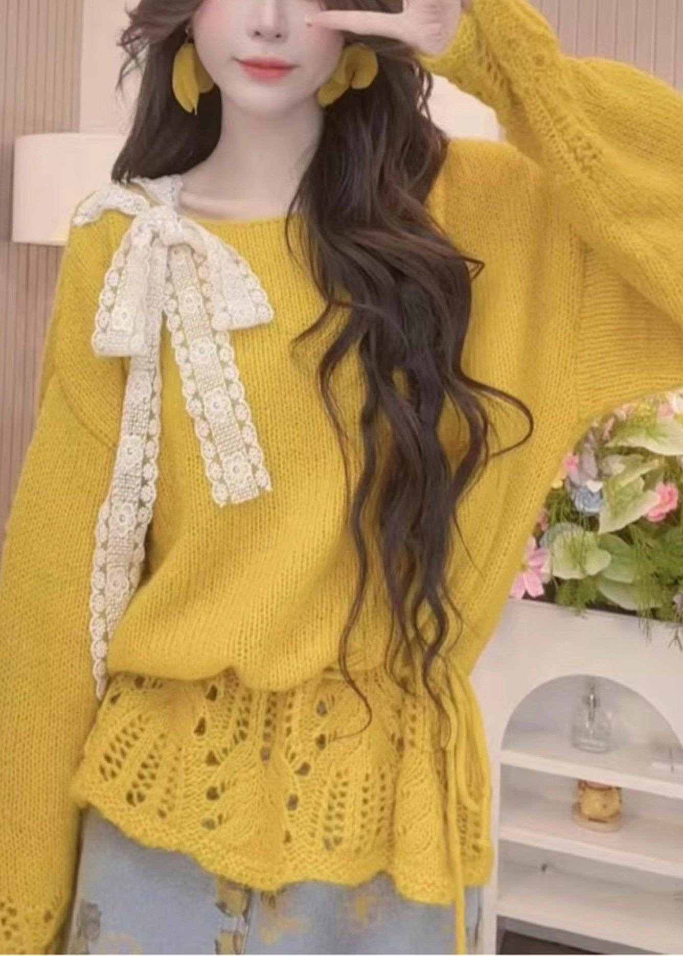 Chic Yellow Knit Sweater with Open Knot, Autumn - EasyApparels