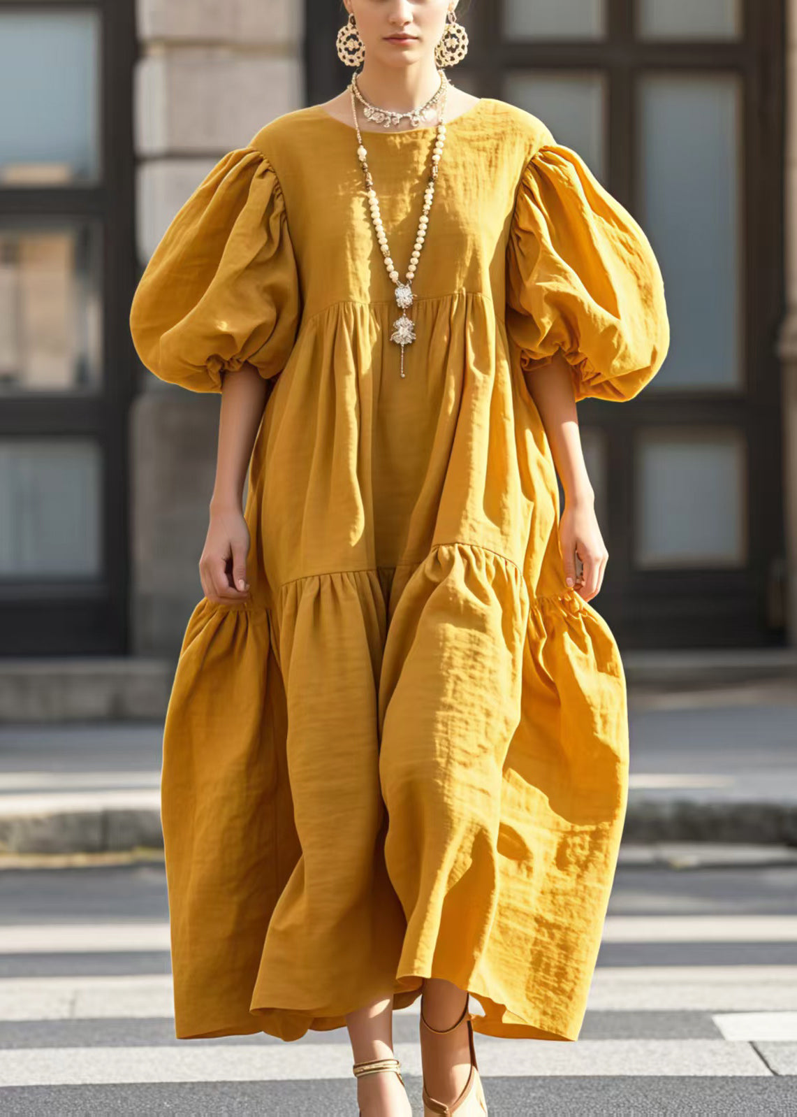 Robe de coton jaune doux avec manches larges et col rond - EasyApparels
