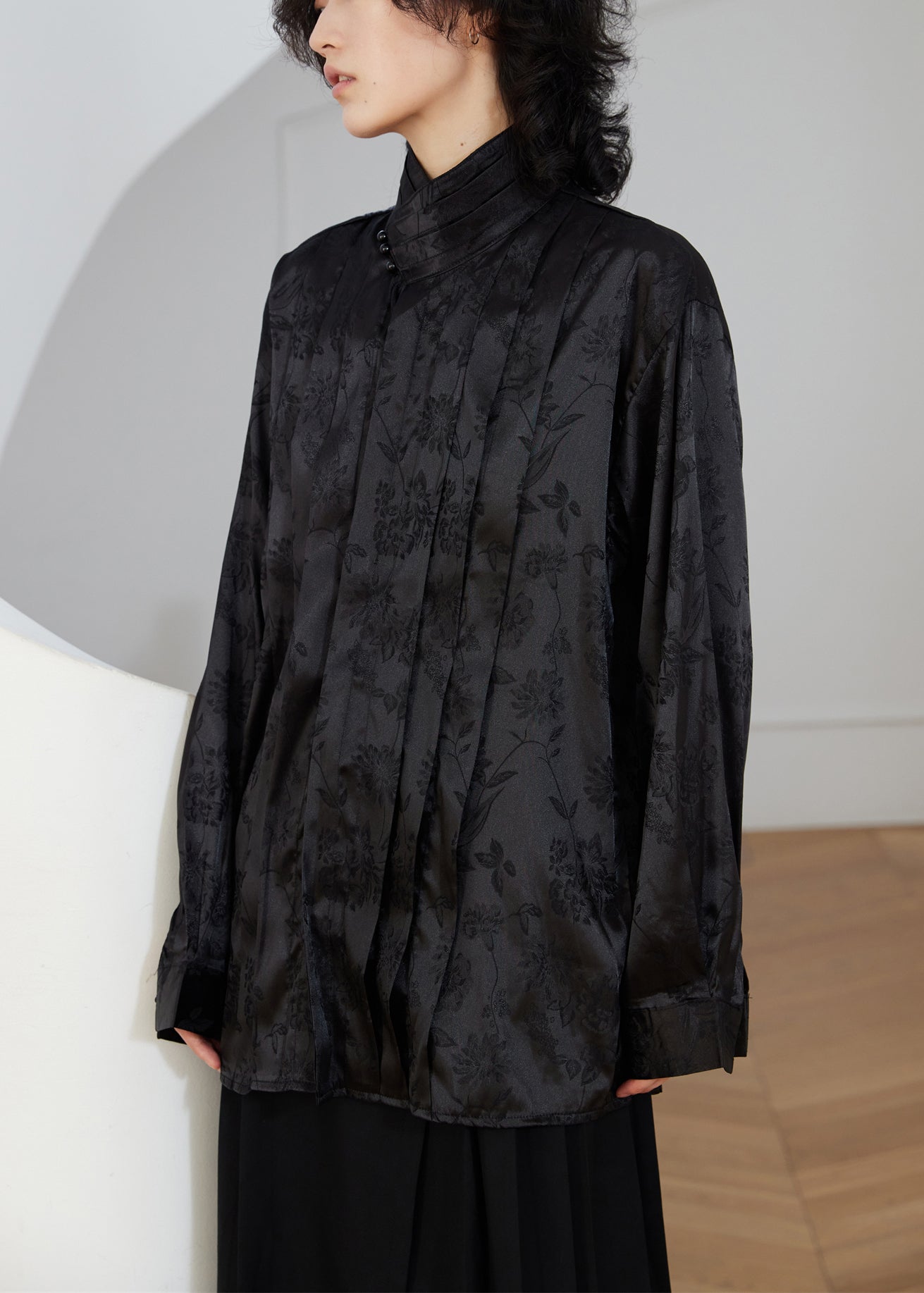 Robe soie noire élégante au col haut pour femme automne - EasyApparels