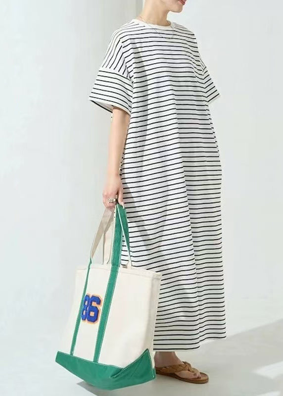 Robe de plage blanche ample en coton rayé été - EasyApparels