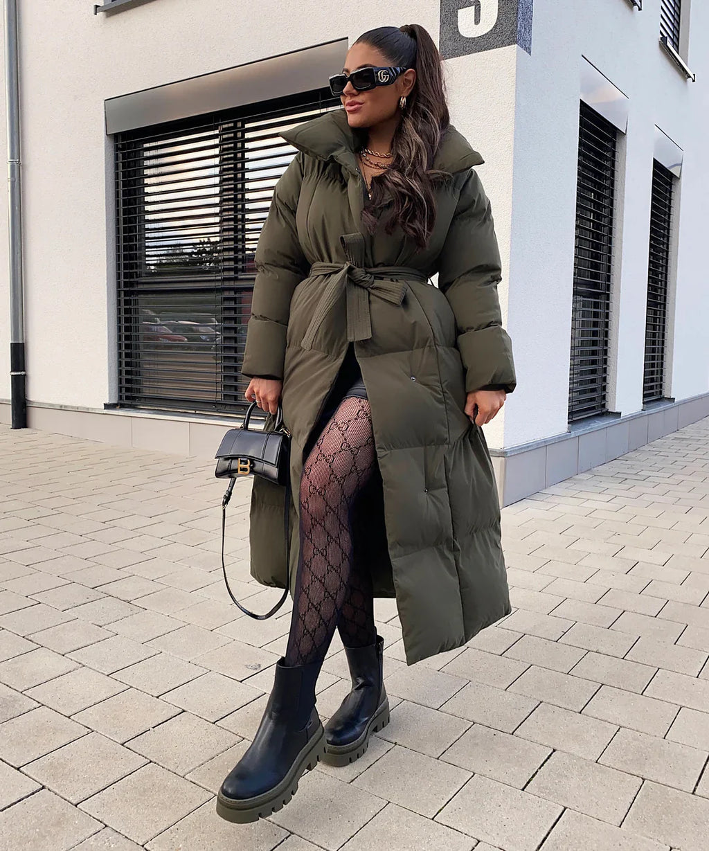 Manteau Femme Long Noir Élégant à Ceinture