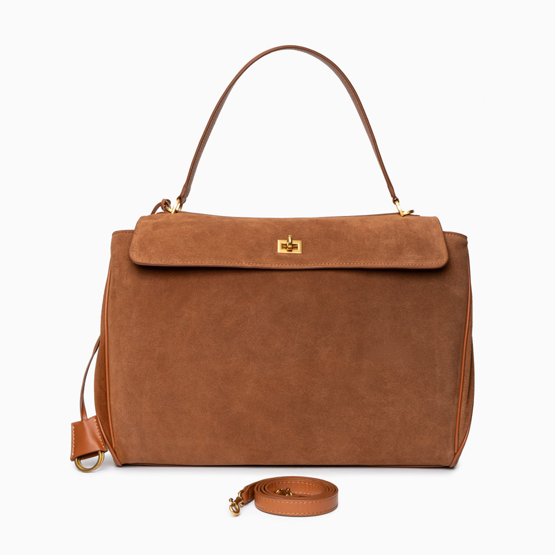 Sac à main femme élégant en cuir brun avec fermeture dorée