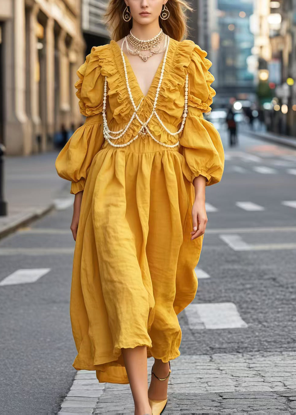 Robe été jaune décolleté en V et perles détachables - EasyApparels
