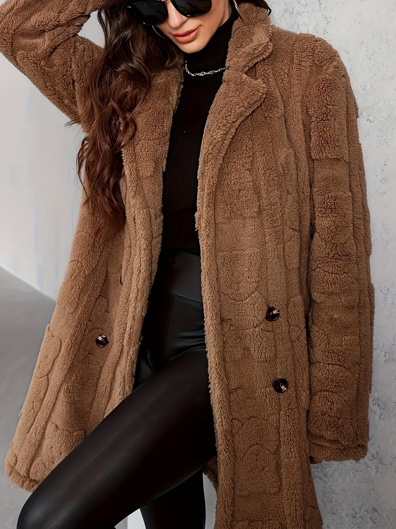 Manteau Femme Long Tricot Revers Cranté Élégant Hiver