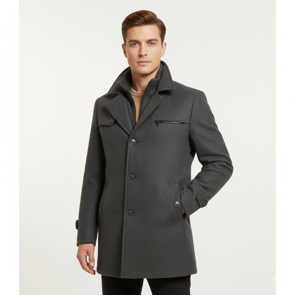 Manteau Homme Slim Fit Col Chemise Noir Moderne - PanierRoyale