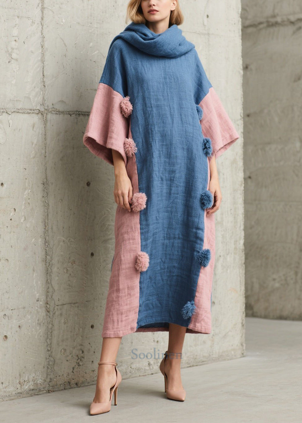 Robe douce géante bleue en patchwork avec détails boules - EasyApparels