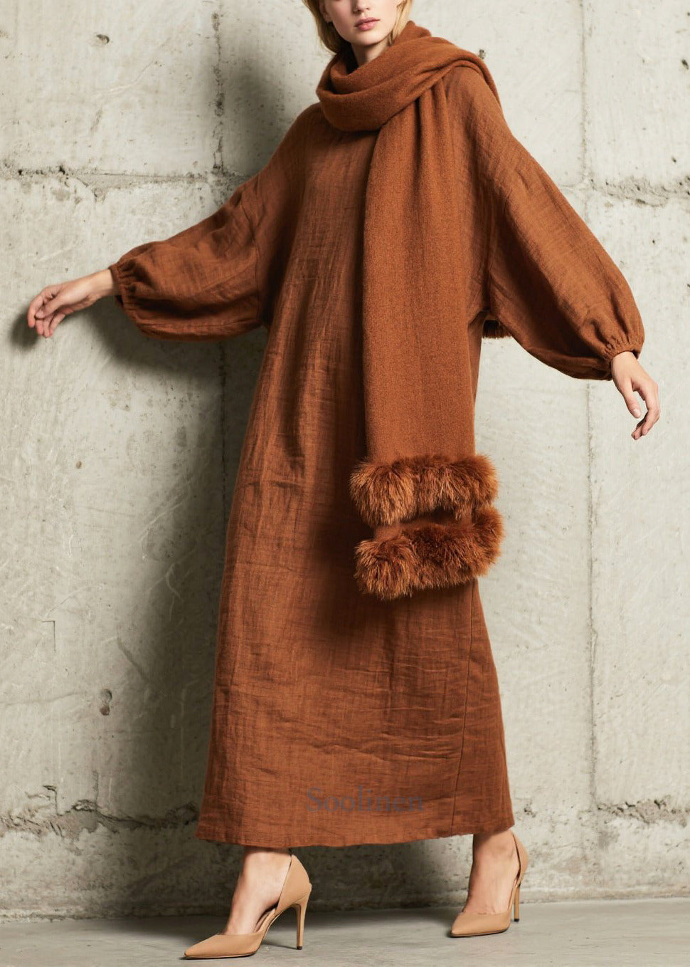 Robe confortable en coton marron pour femme hiver - EasyApparels