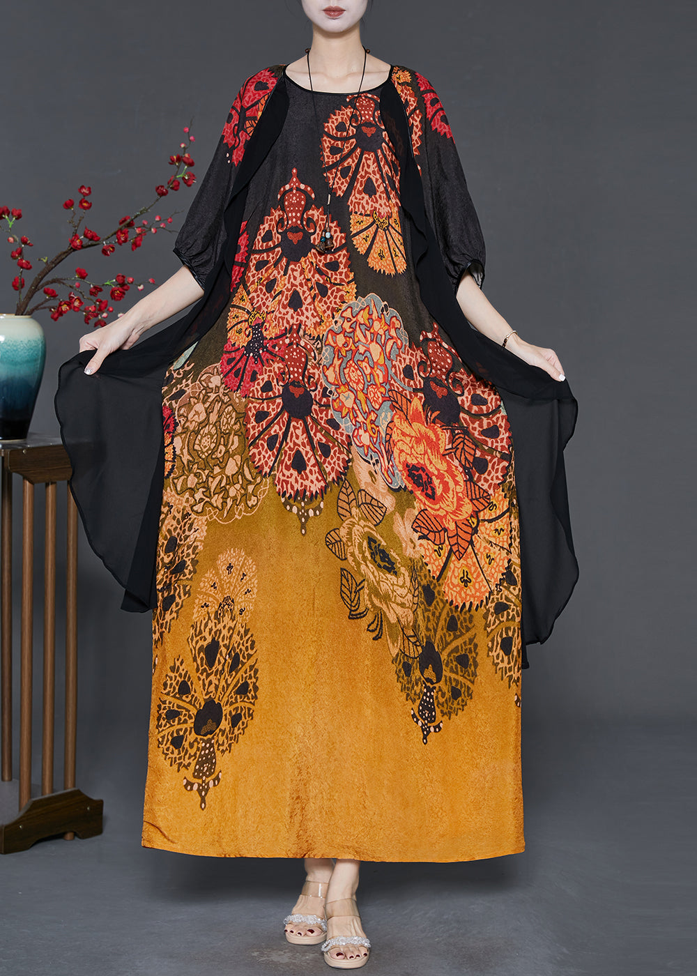 Robe longue élégante en soie imprimée colorée pour femme - EasyApparels