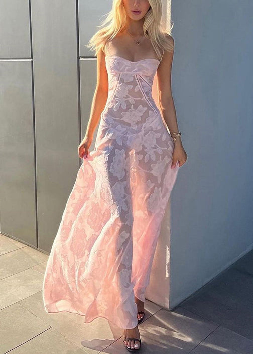Robe charmante rose décolletée sans manches - EasyApparels