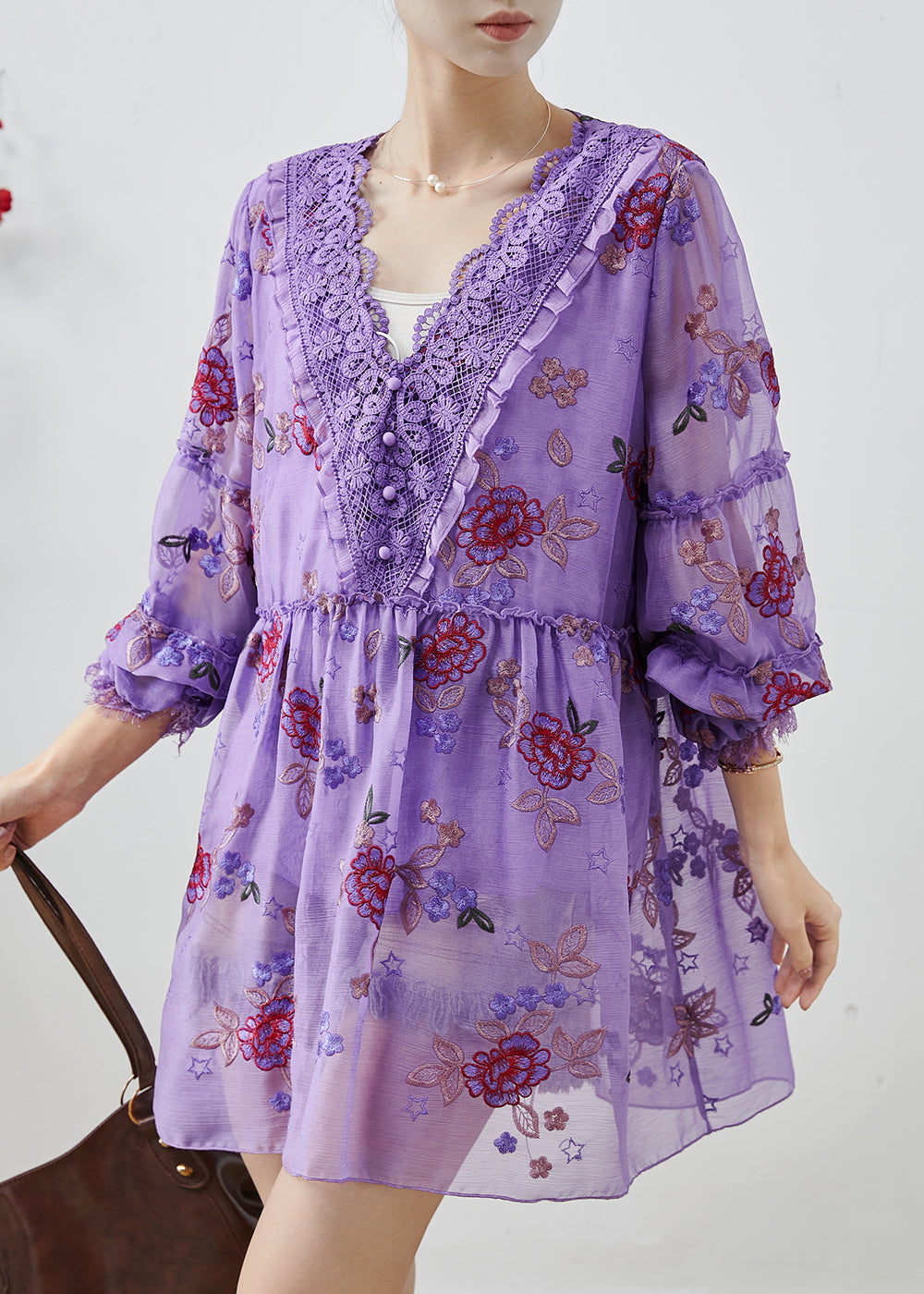 Robe décontractée en soie pour automne avec fleurs violette - EasyApparels