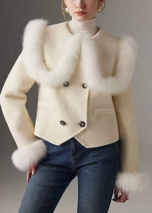 Chic blanc manteau en laine et fourrure de luxe - EasyApparels