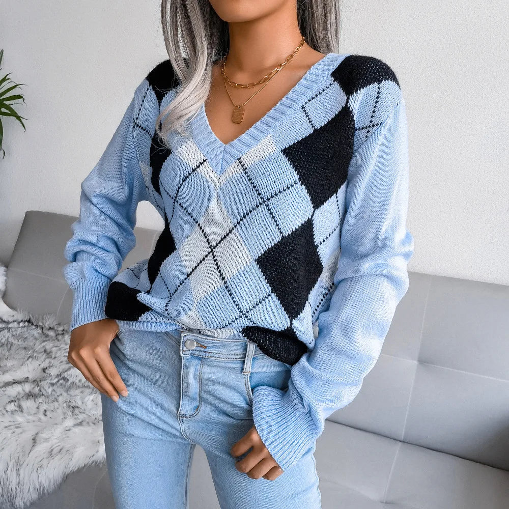 Pull Femme Écossais à Manches Longues Noir et Blanc