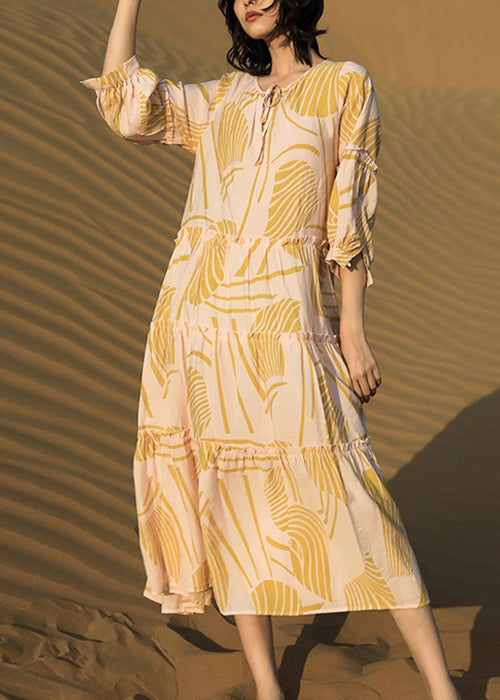 Charmante robe jaune en coton avec volants et lacets - EasyApparels