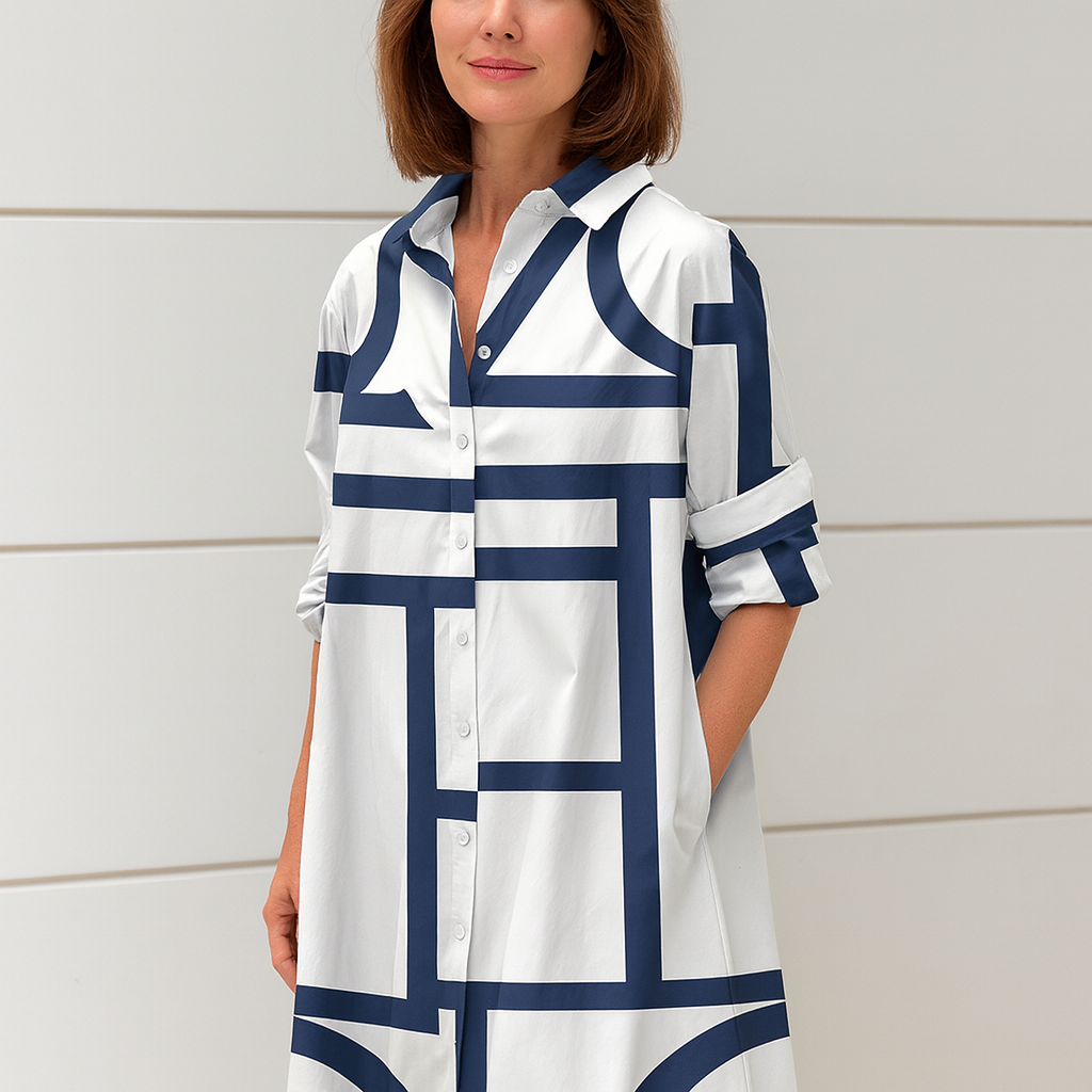 Estelle™ – Robe Longue Femme Chic Imprimé Géométrique avec Poches