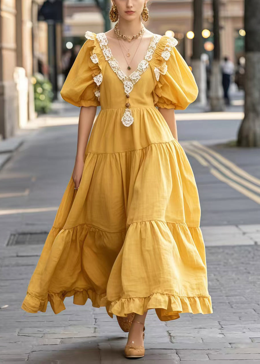 Robe décontractée en dentelle jaune fashion - EasyApparels