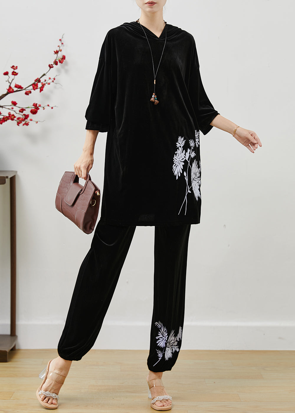 Ensemble deux pièces en velours doux imprimé à capuche noir pour automne - EasyApparels