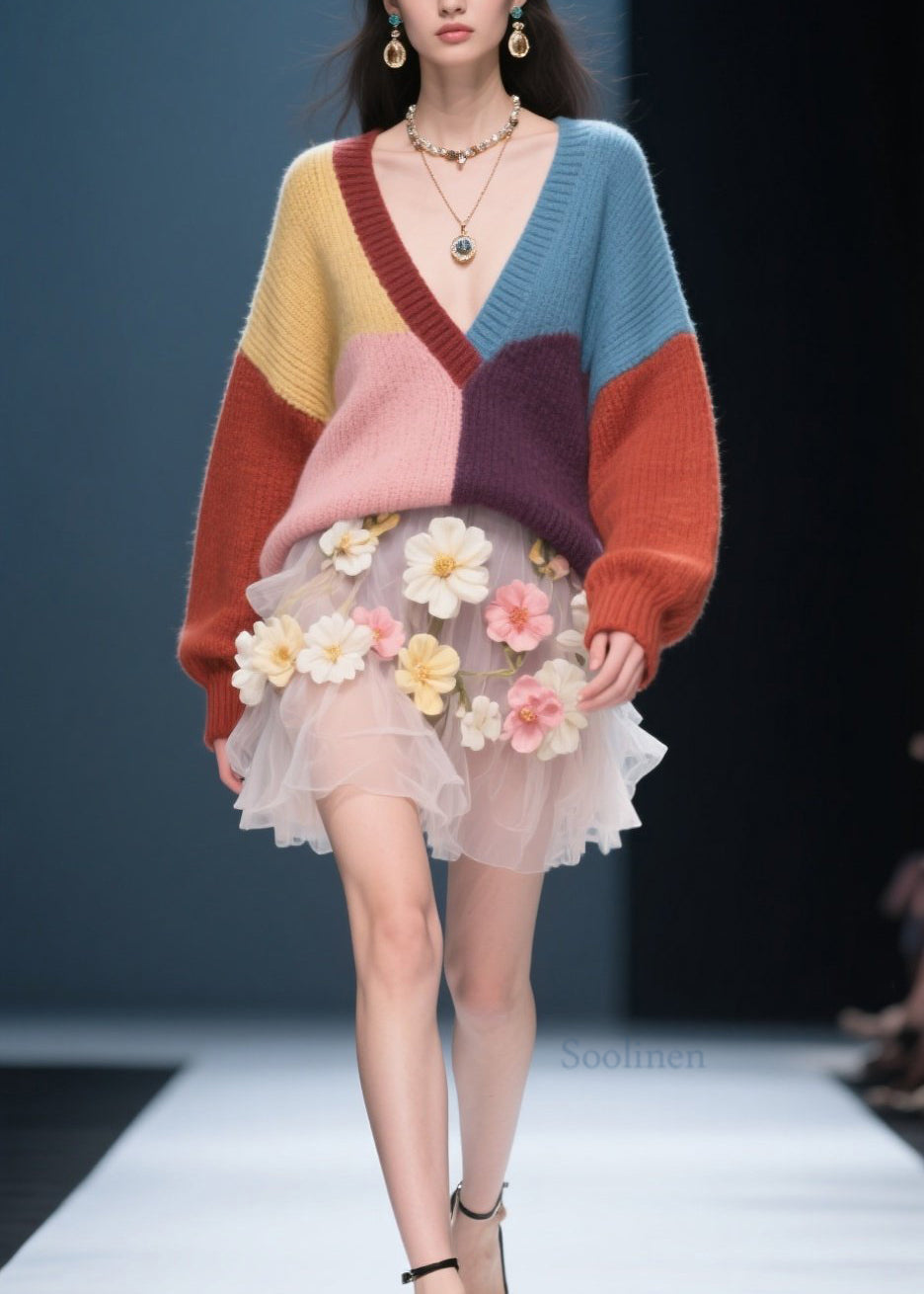 Pull en maille légère à col en V et motifs automne - EasyApparels