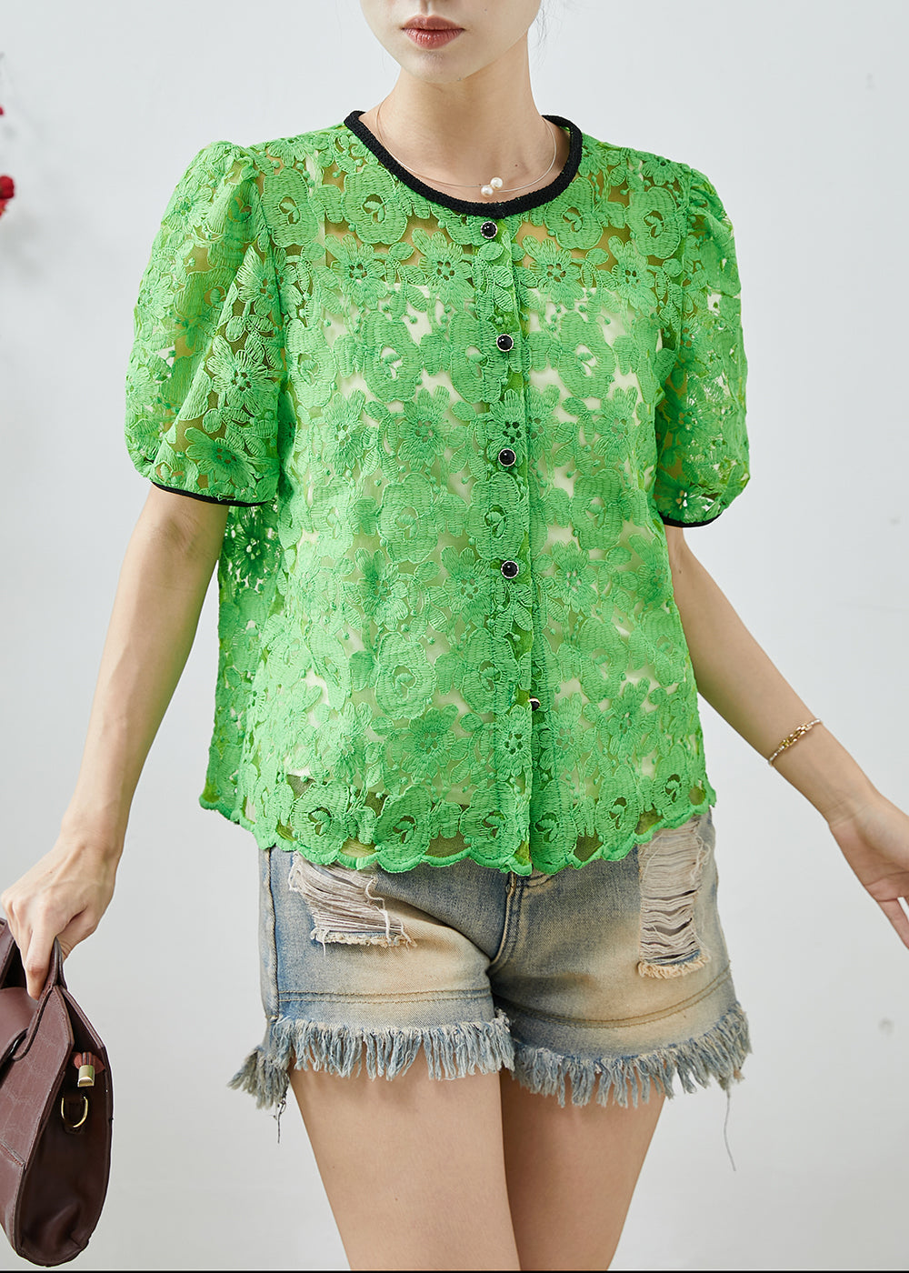 Dentelle légère Chemise verte estivale brodée - EasyApparels
