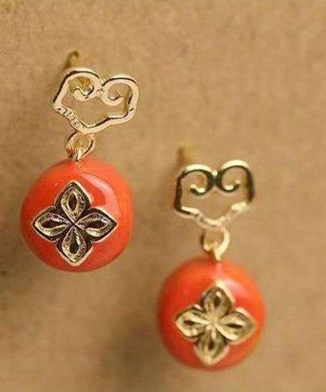 Orange Silver Dangle Earrings with Ruyi Pattern - EasyApparels