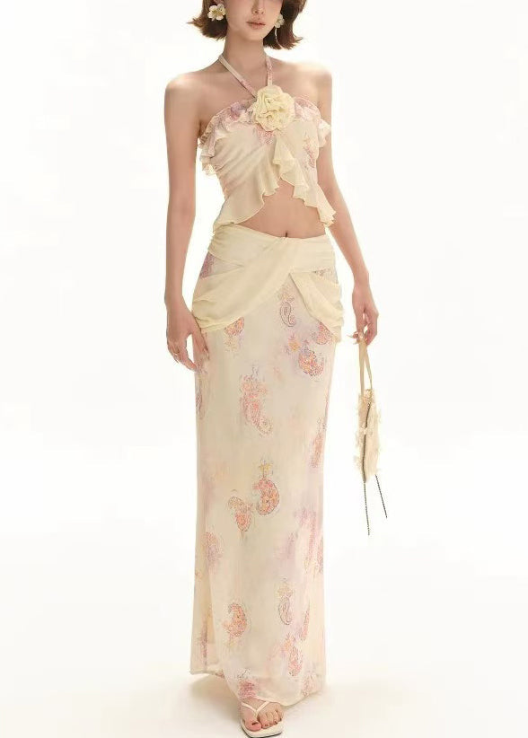 Robe deux pièces en soie, débardeur et jupe fleurie - EasyApparels
