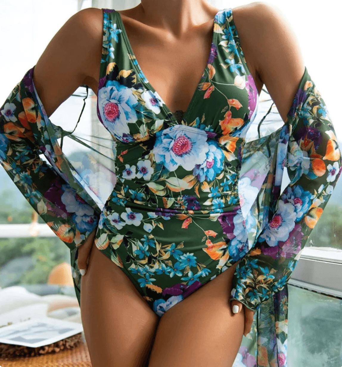 FloralChic™ – Maillot de Bain Femme 2 Pièces Élégant avec Couverture Transparente
