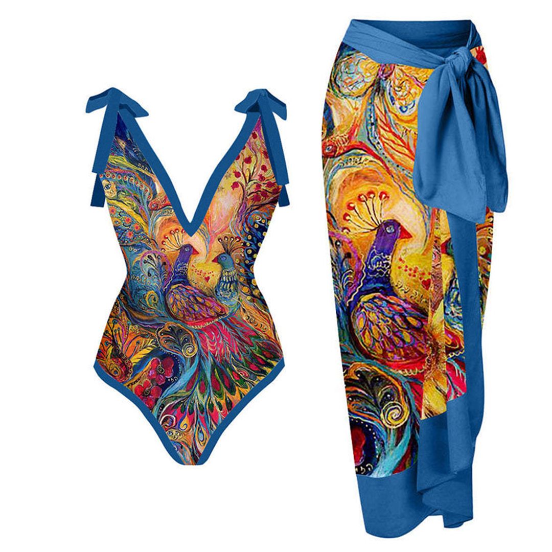 FloralWave™ – Maillot de Bain Femme 2 Pièces Élégant avec Paréo Assorti