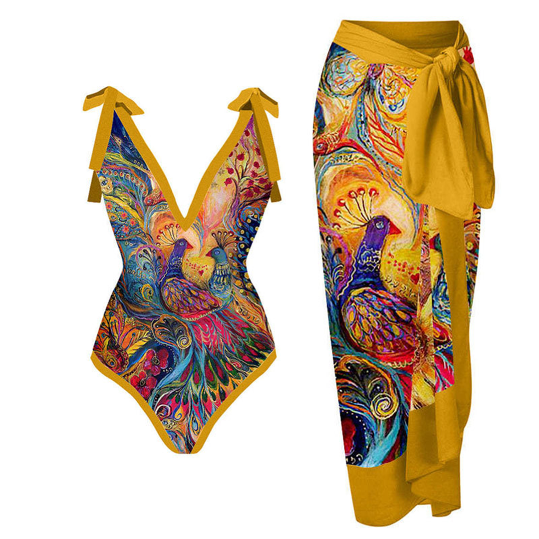 FloralWave™ – Maillot de Bain Femme 2 Pièces Élégant avec Paréo Assorti