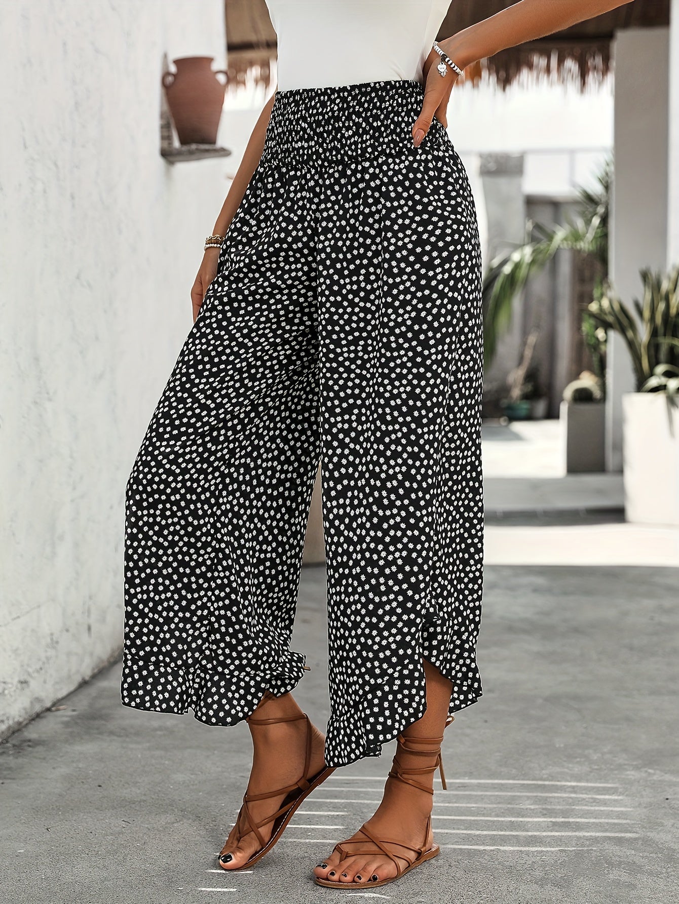 Floravia™ – Pantalon Femme Fluide Taille Haute à Imprimé Floral Élégant