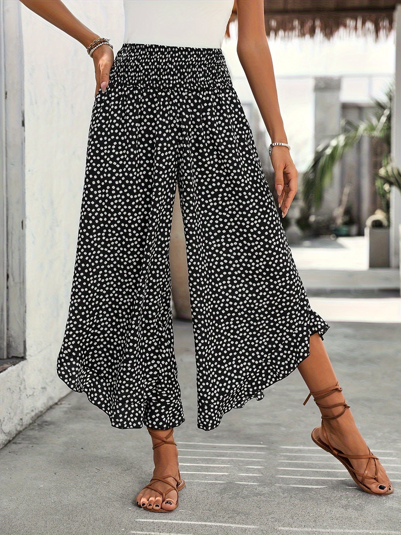 Floravia™ – Pantalon Femme Fluide Taille Haute à Imprimé Floral Élégant