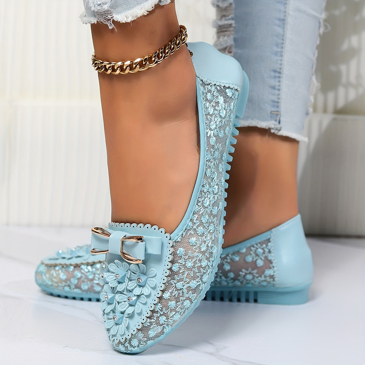 Mocassin Femme Élégant Confortable Fleuri pour Été