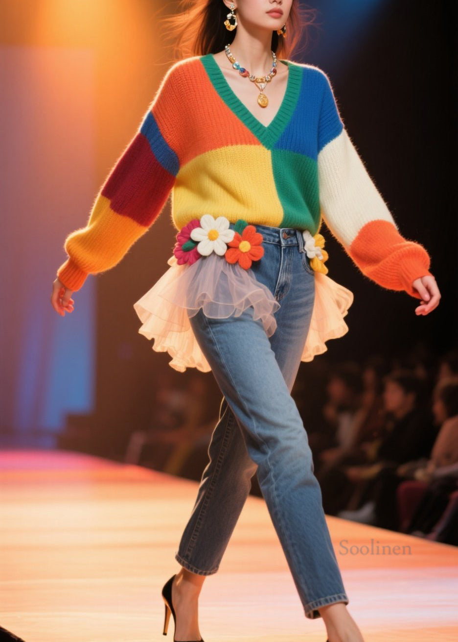Pull couleur bloc décontracté col V automne - EasyApparels