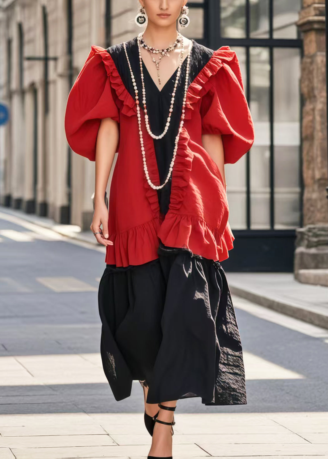 Douce robe patchwork rouge en coton avec volants - EasyApparels