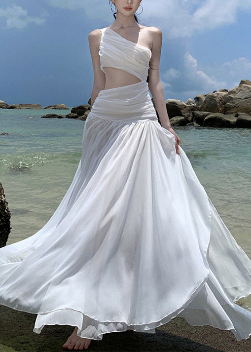 Robe décontractée en mousseline plissée blanche française sans manches - EasyApparels