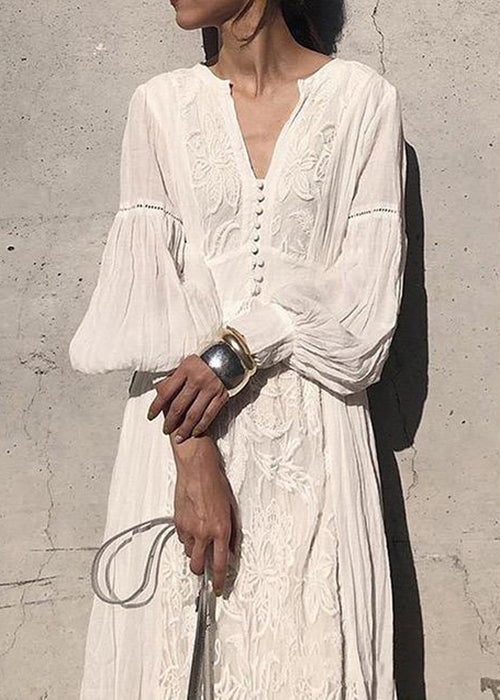 Élégante robe blanche brodée française longue à manches larges - EasyApparels