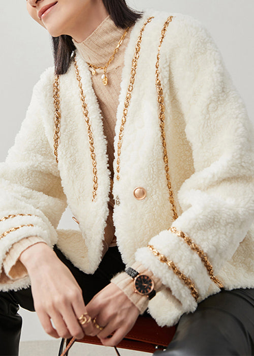 Chaud Manteau hivernal blanc en laine à col V - EasyApparels