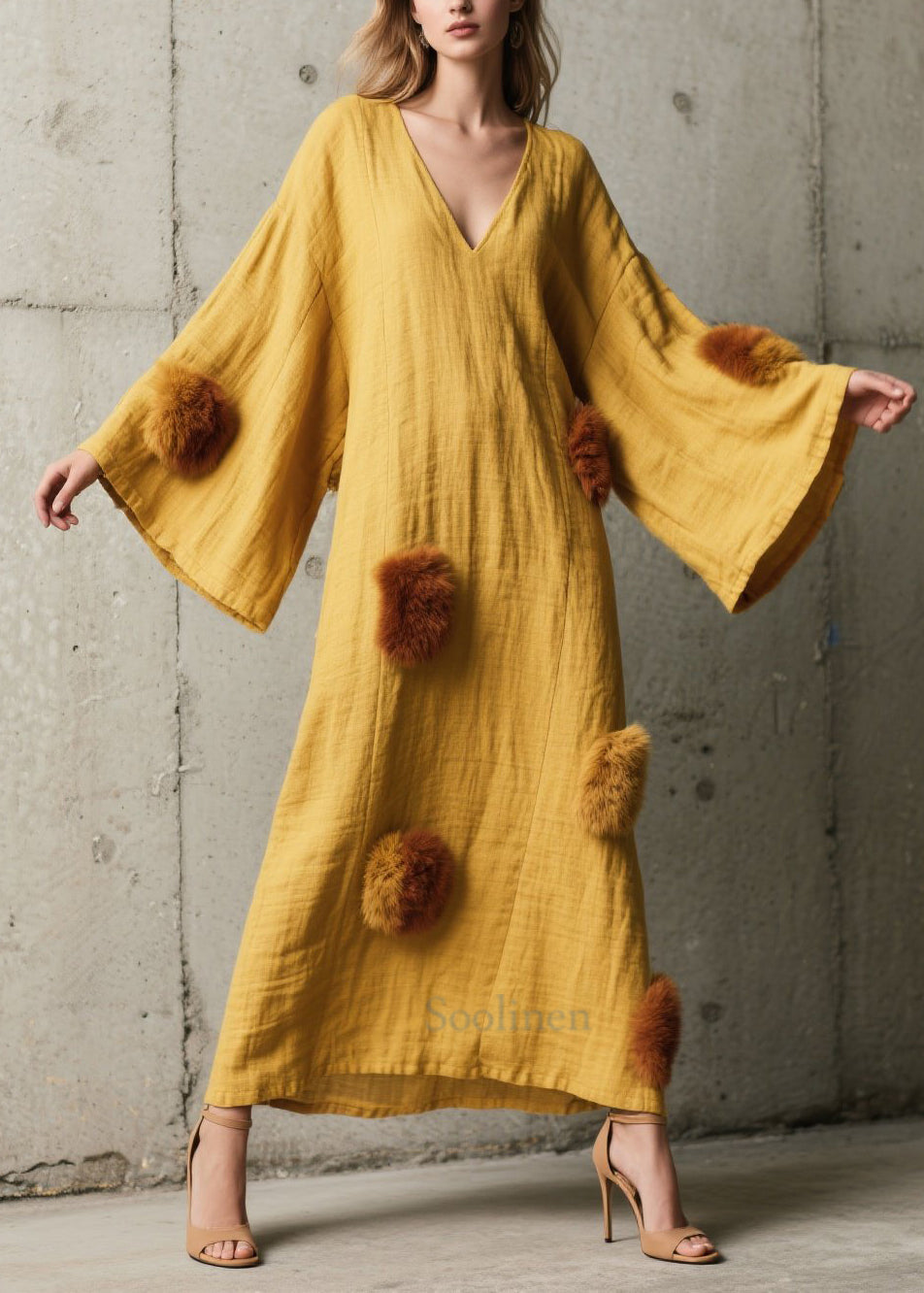 Robe en coton jaune doux à col V avec fourrure pour femme - EasyApparels