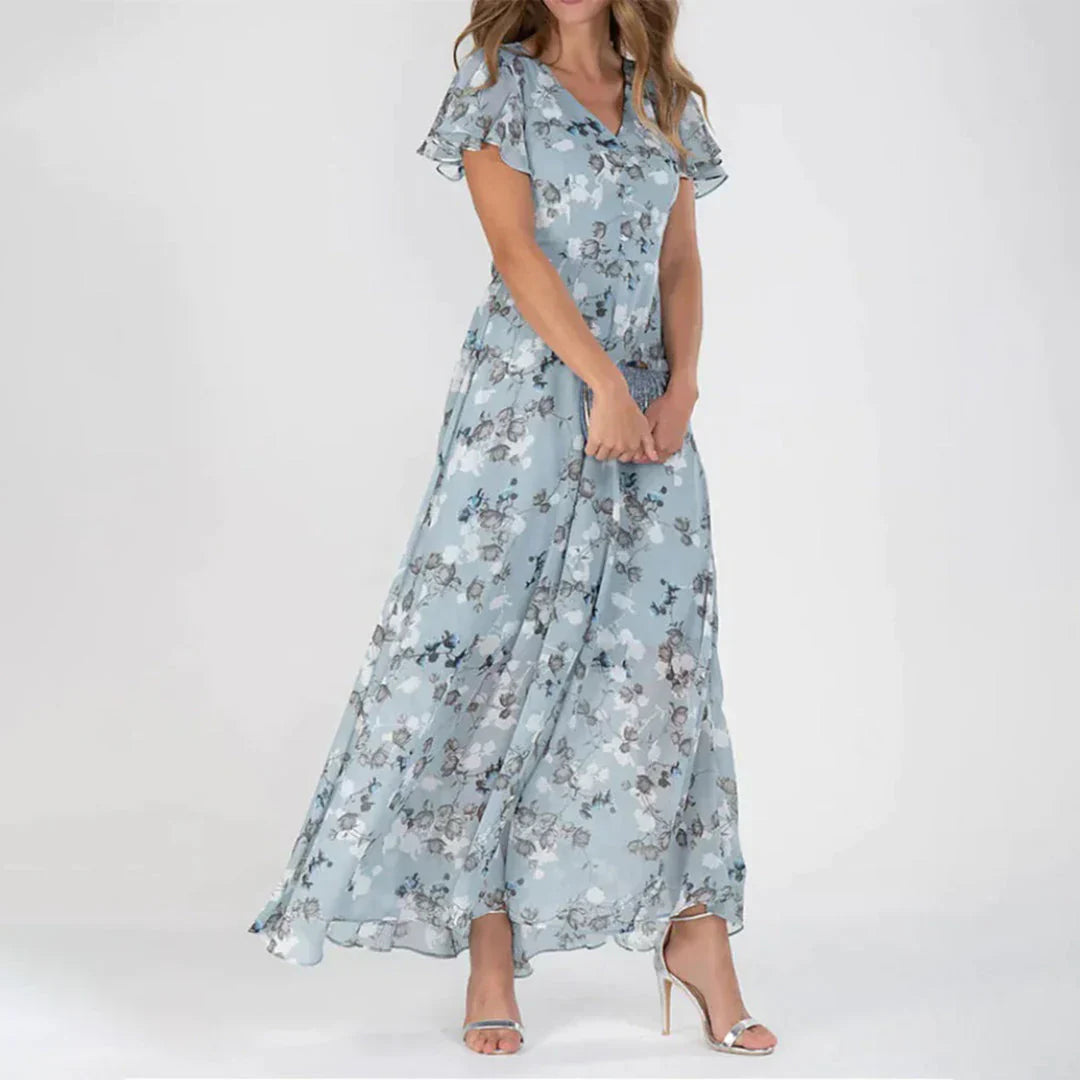 Robe Longue Fleurs Élégante avec Décolleté Plongeant