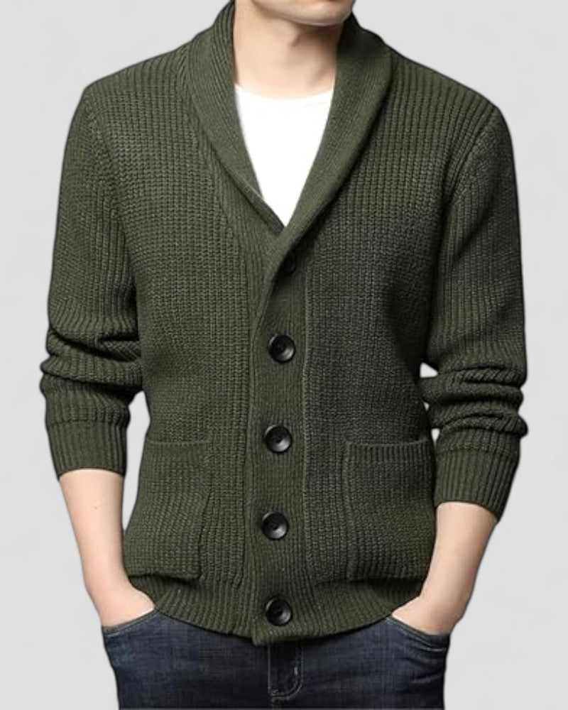 Gilet en maille épaisse de laine à col châle pour homme 1
