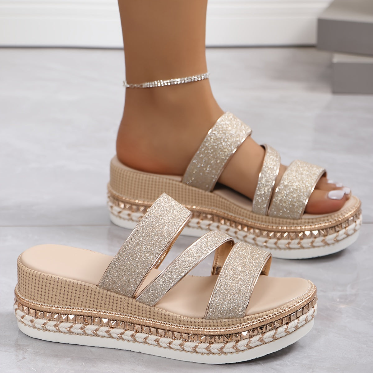 GlamStep™ – Sandales Compensées Femme Élégantes avec Paillettes Roses Confortables