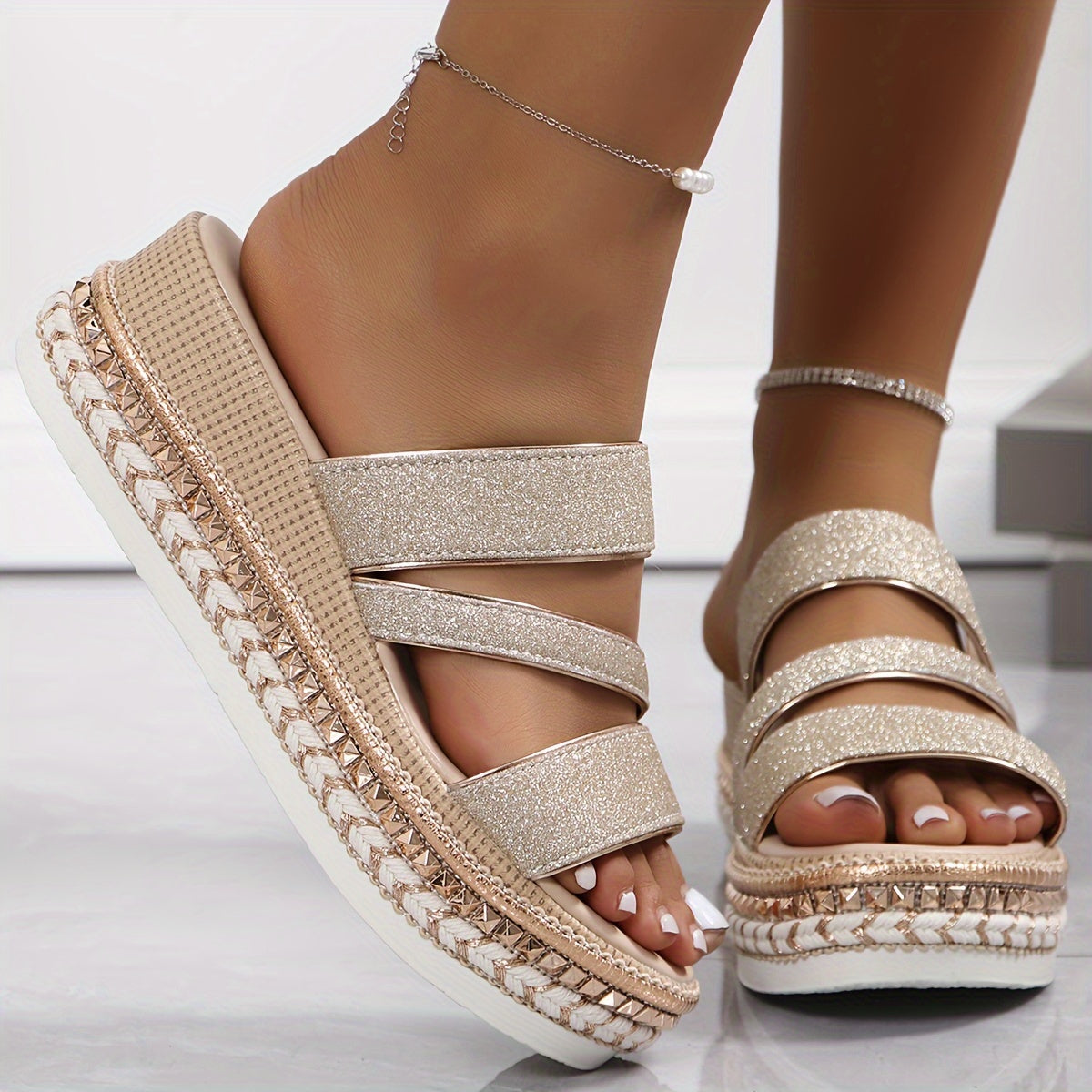 GlamStep™ – Sandales Compensées Femme Élégantes avec Paillettes Roses Confortables